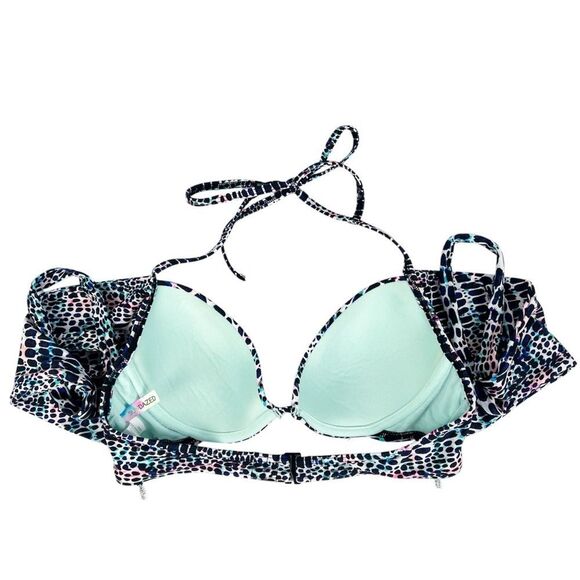 Sundazed Bright Multi Blue White Underwire Wrap Front Halter Bikini Top Size 36C - Picture 4 of 5